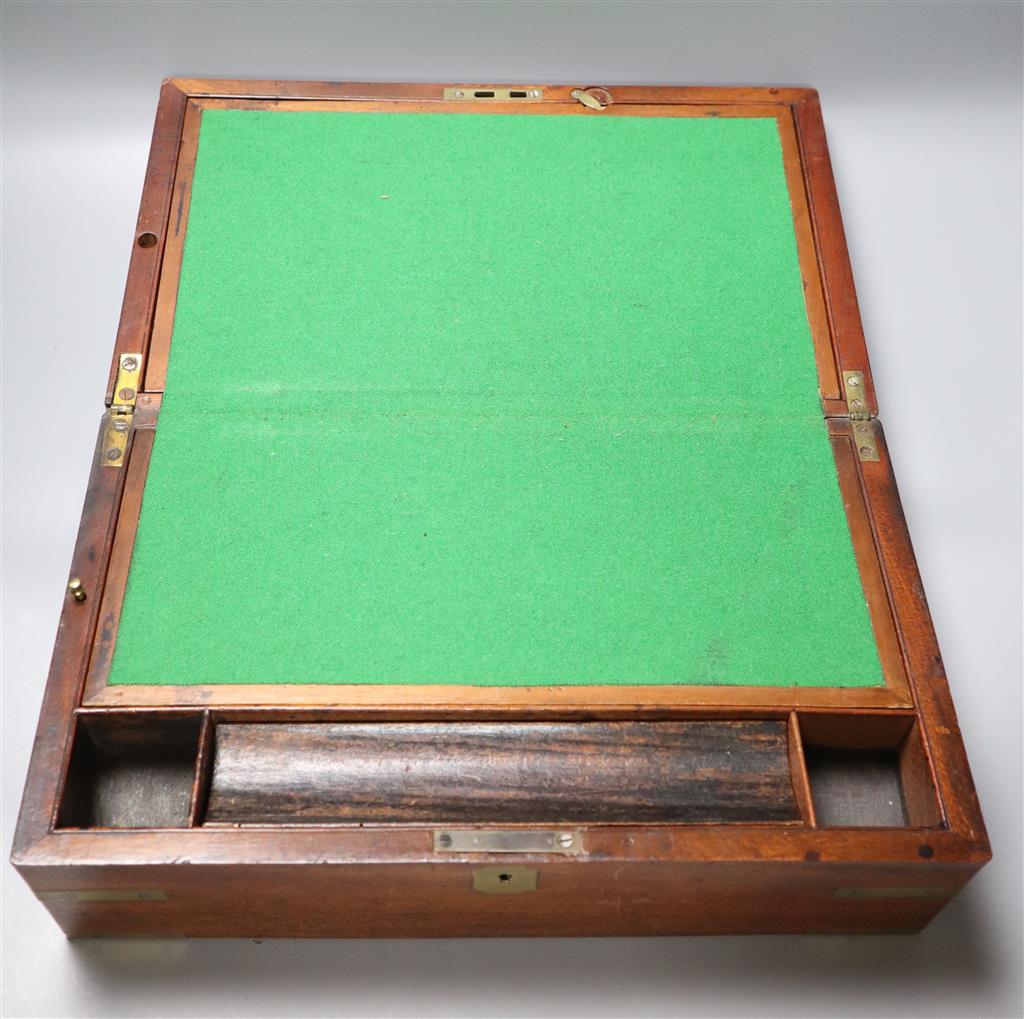 A brass mounted mahogany writing slope, width 38cm, depth 23cm